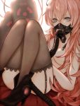  blue_eyes covering covering_breasts garter_straps gas_mask hair_over_breasts kaname_(cherry0732) long_hair looking_at_viewer megurine_luka pink_hair solo thigh-highs thighhighs vocaloid 