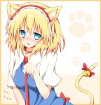  alice_margatroid animal_ears bell bell_collar blonde_hair blue_eyes blush border cat_ears collar fang hairband highres karamoneeze kemonomimi_mode looking_at_viewer necktie paw_pose short_hair simple_background solo touhou translated translation_request white_background 