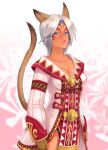  animal_ears blue_eyes breasts cat_ears cat_tail cleavage collarbone facial_mark final_fantasy final_fantasy_xi gloves lips looking_at_viewer mithra short_hair silver_hair simple_background solo tail takatsuki_kahiro tan white_background white_mage 