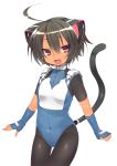  1girl :d absurdres animal_ears black_hair blush bodysuit cat_ears cat_tail fang female fingerless_gloves gloves highres looking_at_viewer open_mouth original pantyhose red_eyes short_hair simple_background skull.03 smile solo tail tan white_background 