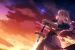  1girl ahoge armor armored_dress blond_hair excalibur fate/stay_night fate_(series) gauntlets green_eyes hair_ribbon jpeg_artifacts saber sword weapon 