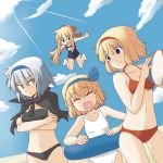  alice_margatroid alice_margatroid_(pc-98) ball beachball bikini blonde_hair blue_eyes bow capelet cloud clouds dark_persona doll dual_persona green_eyes grey_hair hair_bow hairband innertube lysander_z multiple_girls multiple_persona one-piece_swimsuit open_mouth ribbon school_swimsuit school_uniform shanghai_doll short_hair sky smile swimsuit time_paradox touhou touhou_(pc-98) 