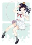  arm_up black_hair blue_eyes candy crown heart holding lollipop long_hair original red_string school_uniform serafuku shaped_lollipop shiina_aya skirt socks solo string swirl_lollipop 