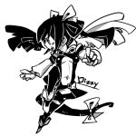  1girl bow character_name dizzy greyscale guilty_gear hair_bow hounori long_sleeves monochrome navel simple_background solo tail tail_bow white_background wings 