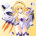  absurdres blonde_hair breasts choujigen_game_neptune claws fang highres huge_breasts kami_jigen_game_neptune_v large_breasts leotard long_hair orange_eyes simple_background solo symbol-shaped_pupils thighs white_legwear yakkey yellow_heart 