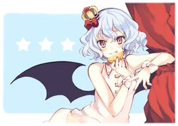  1girl :q bare_shoulders bat_wings blue_hair blush bow crown fang food fruit holding lemon red_eyes remilia_scarlet shiina_aya smile solo tongue touhou wings wrist_ribbon 