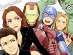  5boys armor avengers black_widow blonde_hair blue_eyes bruce_banner cape captain_america clint_barton double_v drawr facial_hair grin hawkeye_(marvel) hulk iron_man marumaru22 marvel mask multiple_boys natasha_romanoff power_armor smile steve_rogers stubble superhero thor_(marvel) tony_stark v 