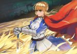  ahoge armor armored_dress blonde_hair cape dress excalibur fate/zero fate_(series) fire green_eyes hand_on_hilt hands_on_hilt saber short_hair solo sword weapon yin2929 