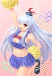  alternate_costume arm_up armpits blue_hair blush breasts bug_(artist) cheerleader cleavage collarbone hand_on_hip hat highres kamishirasawa_keine legs_folded long_hair midriff navel open_mouth polka_dot pom_poms red_eyes shoes silhouette skirt smile solo touhou very_long_hair wink 