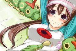  aqua_eyes arms_up blue_eyes blush breasts brown_hair caterpie double_bun long_hair mei_(pokemon) nishi_koutarou on_back pokemon pokemon_(game) pokemon_bw2 raglan_sleeves smile twintails visor_cap 