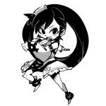  &gt;:) &gt;:d 1girl :d character_name fighting_stance greyscale guilty_gear hair_ring hounori kuradoberi_jam long_sleeves looking_at_viewer monochrome open_mouth simple_background skirt smile solo twintails white_background wide_sleeves 