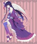  blue_hair copyright_request dress enk hat high_heels highres hime_cut open_shoes purple_eyes purple_legwear shoes striped striped_background thigh-highs thighhighs violet_eyes white_wings wings 