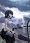  bandage bandages barbed_wire black_hair butterfly chainlink_fence cloudy_sky fence maou original purple_eyes short_hair short_sleeves sky solo umbrella violet_eyes 