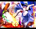  arm_up bad_id blue_hair food fruit hat highres hinanawi_tenshi holding izayoi-saki letterboxed long_hair peach red_eyes rock solo sword_of_hisou touhou 
