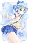  alternate_costume blue_hair blush bow cirno clock contemporary green_eyes hair_bow hood ice ice_wings jacket short_hair skirt solo touhou wings 