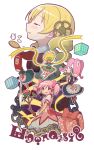  blonde_hair blush bow_(weapon) bubble_skirt candeloro candeloro&#039;s_familiars candeloro's_familiars chain chains closed_eyes cup drill_hair eyes_closed gecchu gift gloves hair_ornament hair_ribbon highres kaname_madoka madoka_runes magical_girl mahou_shoujo_madoka_magica multiple_girls official_style pink_eyes pink_hair platter ribbon school_uniform skirt smile teacup teaes teapot tears tomoe_mami twin_drills twintails weapon witch_(madoka_magica) 