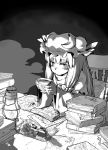  absurdres blowing book bow chair cold crescent_moon cup dark desk fingerless_gloves gloves greyscale hair_bow hat highres inkwell lantern long_hair long_sleeves magic_circle monochrome moon paper patchouli_knowledge pen robe sitting solo steam table tea teacup touhou ume_(noraneko) wide_sleeves 