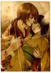  carrying closed_eyes couple eyes_closed himura_kenshin japanese_clothes kamiya_kaoru kimono noritama14 obi ponytail princess_carry profile rurouni_kenshin sepia serious title_drop 