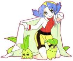  1girl bad_id bangs bike_shorts blue_hair chikorita crystal_(pokemon) gum_(gmng) lowres pokemon pokemon_(creature) pokemon_(game) pokemon_gsc red_hair redhead twintails 