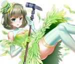  bare_shoulders blue_eyes breasts cleavage elbow_gloves gloves green_eyes green_hair grin hat heterochromia idolmaster idolmaster_cinderella_girls microphone microphone_stand mini_top_hat smile solo sonsoso takagaki_kaede thigh-highs thighhighs top_hat vertical-striped_legwear vertical_stripes white_background 