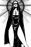  bad_id breasts cleavage copyright_request cross greyscale inverted_cross lipstick makeup monochrome nun solo sunburst 