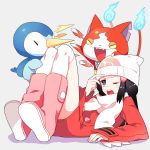  1girl 2others beanie black_eyes black_hair boots cat coat creatures_(company) crossover fighting game_freak gum_(gmng) hat hikari_(pokemon) jibanyan level-5 long_hair lying nintendo penguin piplup pokemon pokemon_(creature) pokemon_(game) pokemon_dppt scarf super_smash_bros. thigh-highs transparent_background winter_clothes winter_coat youkai_watch 