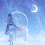  animal bag barefoot black_hair crescent_moon dress ice long_hair moon night original payot reflection shimetta_oshime shoulder_bag sky snow snowing solo star_(sky) starry_sky twintails walking 