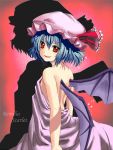  bat_wings blue_hair bow character_name fang hat hat_ribbon looking_back munihagi open_mouth red_eyes remilia_scarlet ribbon short_hair silhouette smile solo touhou wings 