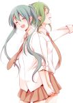  aqua_hair back-to-back green_hair gumi hatsune_miku hekiiro multiple_girls necktie open_mouth short_hair skirt smile twintails vocaloid 