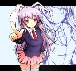  animal_ears blazer blush bunny_ears long_hair long_sleeves looking_at_viewer milfy_oira necktie pointing purple_hair rabbit_ears red_eyes reisen_udongein_inaba skirt solo standing thigh-highs thighhighs touhou white_legwear zoom_layer 