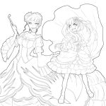  beatrice flower furudo_erika hair_ornament highres kiseru lineart long_hair monochrome multiple_girls niso pipe smile umineko_no_naku_koro_ni 