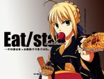  candy_apple corn fate/stay_night fate_(series) green_eyes japanese_clothes kimono mouth_hold saber short_hair takoyaki wallpaper 