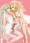  2girls blonde_hair blue_eyes bouquet breasts cleavage curly_hair dress flower green_eyes green_hair hand_on_another&#039;s_chin hatsune_miku high_heels jewelry multiple_girls necklace pin_(leehn0507) pink_background rose seeu shoes tiara twintails vocaloid wedding_dress white_dress 