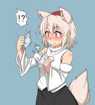  1girl animal_ears bare_shoulders blue_background blush bust dai_(touhou_handdrawn) detached_sleeves hat inubashiri_momiji red_eyes ripping short_hair silver_hair simple_background solo tail tearing_up tokin_hat touhou wolf_ears wolf_tail 