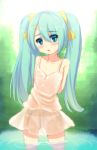  :o alternate_costume blue_eyes blue_hair dress hair_ribbon hatsune_miku long_hair looking_at_viewer partially_submerged pinkarage ribbon solo twintails vocaloid water 