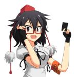  1girl armband bespectacled black_hair cato_(monocatienus) fingerless_gloves glasses gloves hat looking_at_viewer open_mouth red_eyes shameimaru_aya short_hair smile solo tokin_hat touhou 
