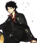  1boy black_eyes black_hair boat dress_shirt formal hat hat_removed jacket_on_shoulders looking_at_viewer male monkey_d_luffy necktie one_piece one_piece:_strong_world pants red_shirt scar shirt sitting smile solo straw_hat suit waistcoat wind 