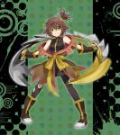  boots brown_hair coat green_background green_eyes juria0801 nan short_hair side_ponytail smile solo spandex tales_of_(series) tales_of_vesperia torn_clothes weapon 