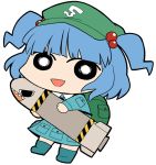  &gt;:) &gt;:d :d backpack bag bangs blue_dress blue_hair blunt_bangs boots chibi dress hair_bobbles hair_ornament hat kawashiro_nitori long_sleeves looking_at_viewer missile no_nose open_mouth pocket simple_background smile solo standing touhou twintails ume_(noraneko) white_background 