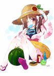  blush brown_hair eating food fruit goggles goggles_around_neck hair_ribbon hand_on_hat hat innertube japanese_clothes kimono meito_(maze) one-piece_swimsuit original popsicle ribbon sandals simple_background sitting solo straw_hat swimsuit twintails watermelon white_background wink yukata 