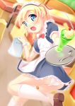  apron bandaid blonde_hair blue_eyes blush bow cherry copyright_request dessert dress drink food fruit gelatin irie_sekine looking_at_viewer maid maid_headdress menu open_mouth panties puffy_sleeves short_hair solo spoon tray underwear waitress 