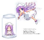  1girl 2girls blue_eyes blush bottle bracelet chibi dress hat highres hiiragi_kagami hiiragi_tsukasa ikamusume jewelry long_hair lucky_star mini-ikamusume minigirl nyanmilla parody partially_translated purple_hair shinryaku!_ikamusume simple_background tentacle_hair translation_request 