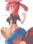  ario ass asuna_(pokemon) blush breasts character_name crop_top holding holding_poke_ball looking_back midriff poke_ball pokemon pokemon_(game) pokemon_rse red_eyes red_hair redhead rough sitting solo sweat sweatdrop text torkoal translated white_background 