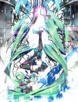  boots detached_sleeves green_eyes green_hair hatsune_miku headset highres hullabaloo long_hair necktie open_mouth skirt solo thigh-highs thigh_boots thighhighs twintails upside-down very_long_hair vocaloid 