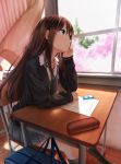  1girl black_legwear brown_hair chair chin_rest classroom curtains desk digital_media_player earphones green_eyes highres idolmaster idolmaster_cinderella_girls ipod kachayori kneehighs long_hair looking_away necktie school_uniform shibuya_rin sitting smile solo window 