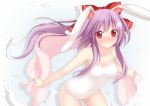  :&lt; animal_ears bare_shoulders blush bow breasts bunny_ears chimunge cleavage colored cosplay hair_bow hakurei_reimu highres holding lavender_hair leaning_forward long_hair looking_at_viewer peko ponytail purple_hair rabbit_ears red_eyes reisen_udongein_inaba ribbon school_swimsuit solo swimsuit swimsuit touhou towel white_school_swimsuit white_swimsuit 