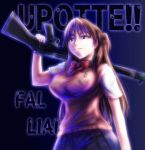  battle_rifle bowtie breasts brown_hair fal_(upotte!!) fn_fal gun highres huge_breasts long_hair pleated_skirt purple_eyes rifle rpg-exen school_uniform skirt solo sweater_vest upotte!! violet_eyes weapon 