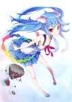  alternate_hairstyle blue_hair dress food fruit hinanawi_tenshi hong_(white_spider) keystone long_hair looking_at_viewer multiple_girls no_hat no_headwear peach red_eyes smile solo touhou twintails 