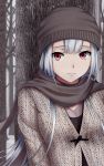  bare_tree beanie bust casual hat heisei_yutorin long_hair original red_eyes scarf silver_hair tree winter 