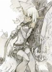  1girl bare_shoulders bow elbow_gloves elf evangelyne gloves knees_together pointy_ears smile solo tree wakfu white_hair xavier_houssin 